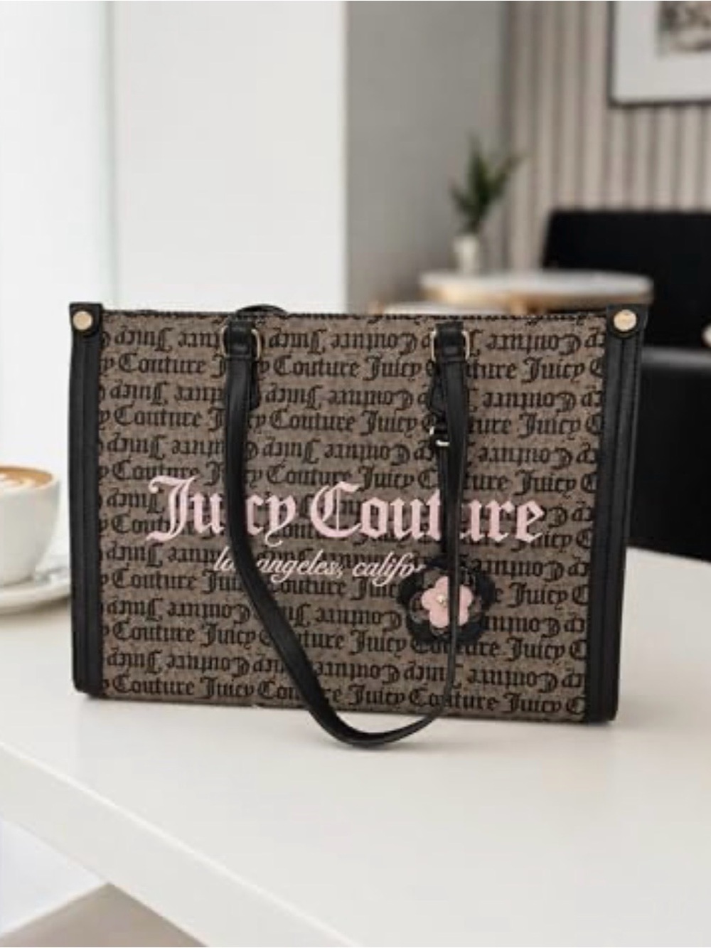 Juicy Couture Brown Monogram Tote with Pink Logo Script